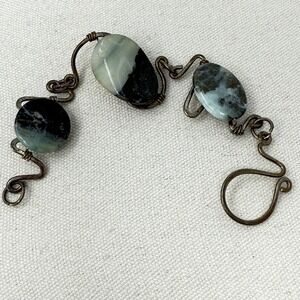 Stone Wire Wrapped Link Bracelet Natural Stone Silver Tone Boho‎ Artsy Hand Made